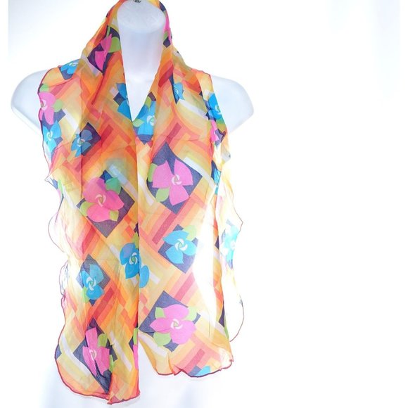 Day Glo Mod Floral Scarf Sheer Geometric Pink Blue Flowers Orange Yellow Red - Picture 2 of 4